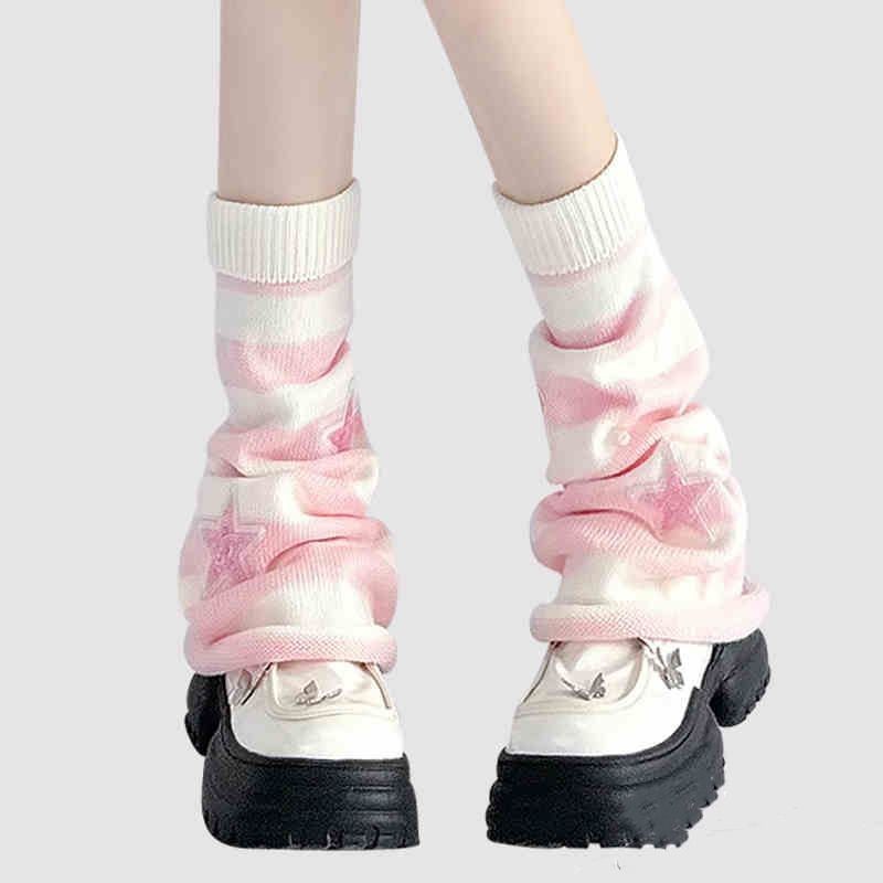 Boot Sock Slouchy - Y2K Striped Leg Warmers Star Rhinestone