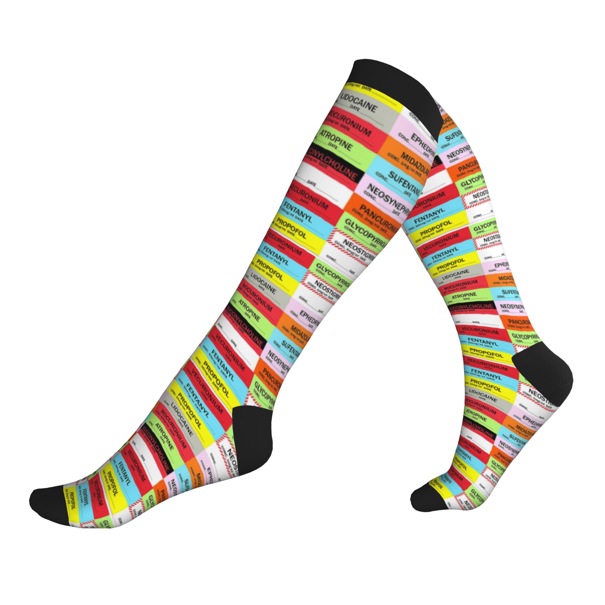 Compression Sock Medical - Novelty Printed Anesthesia Medication Labels Socks