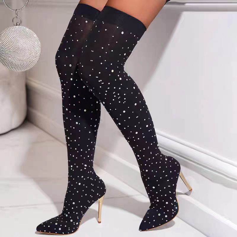 Knee High Sock Women - Rhinestone Slim Leg Stretch Sock Boots
