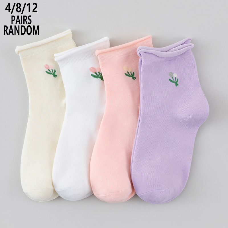 Cotton Crew Sock Pack - 4/8/12 Packs Random Women Floral Mid-Calf