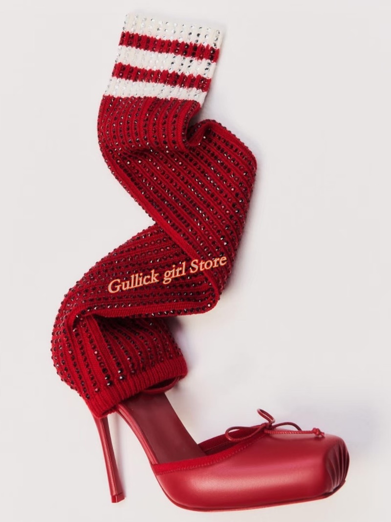 Knee High Sock Women - Red Knit Square Toe Boots Cut